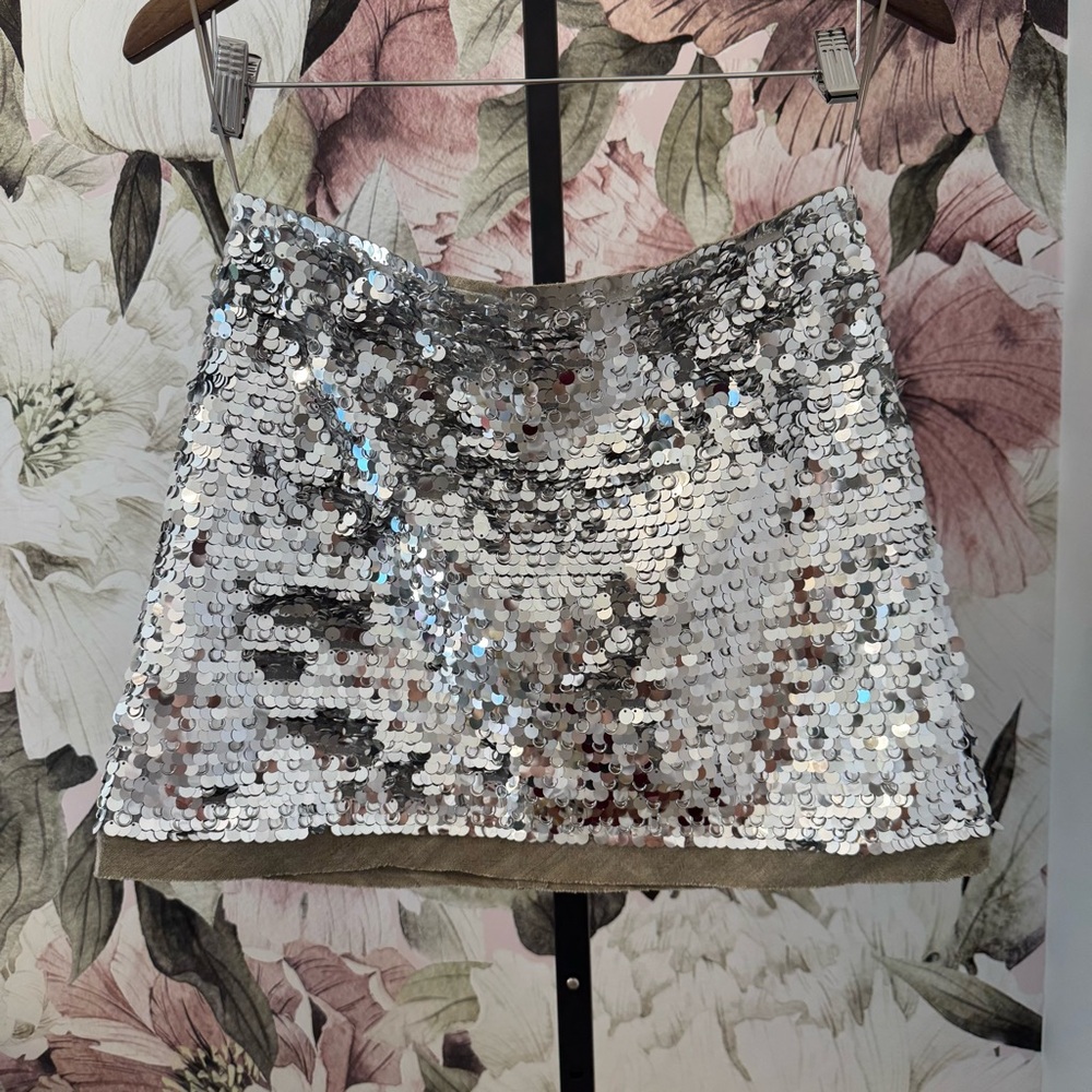 Zara Silver Sequin A-Line Mini Skirt Cocktail